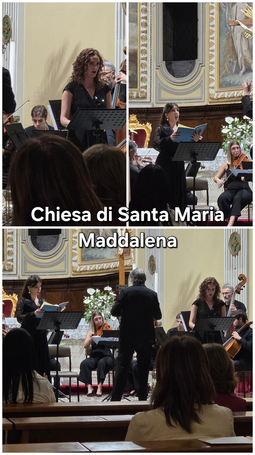 Collage fotografico del concerto lirico nella Chiesa di Santa Maria Maddalena, con cantanti, orchestra e direttore.