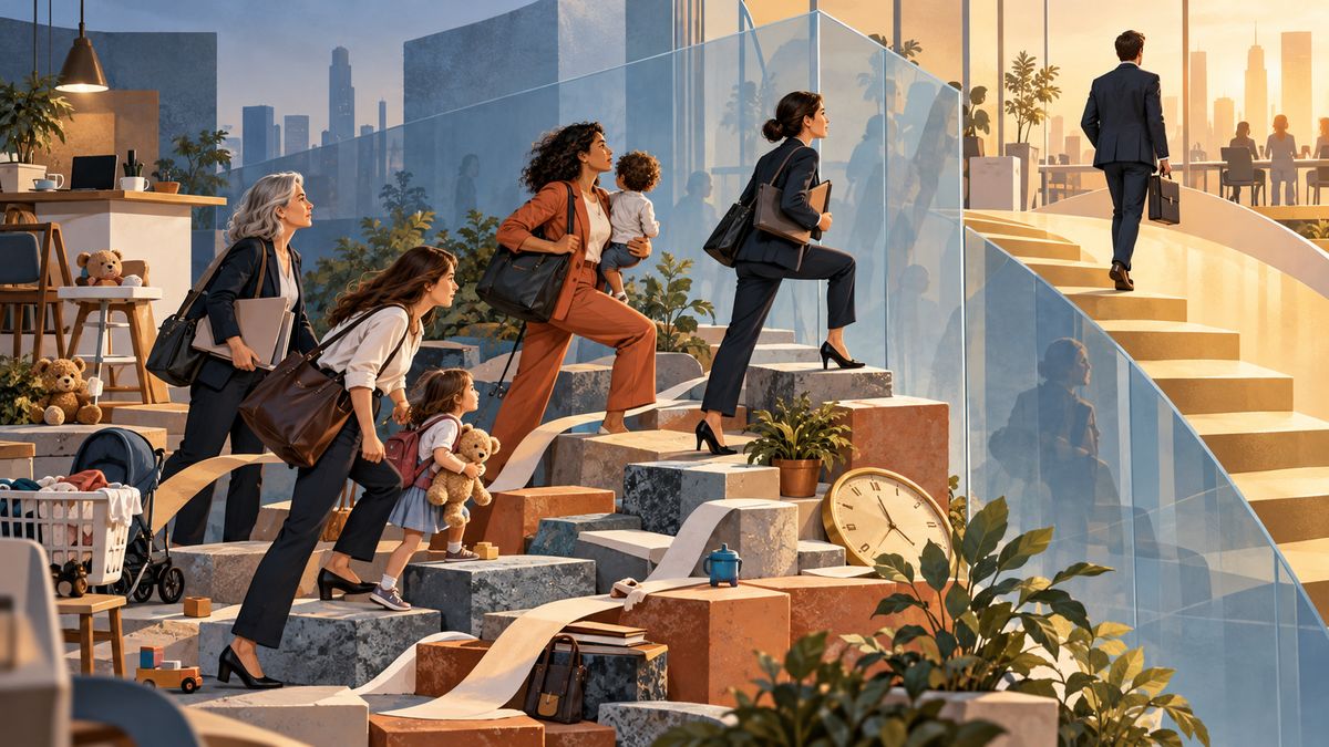 Illustrazione generata con intelligenza artificiale: donne di età diverse affrontano un percorso professionale irregolare tra lavoro e responsabilità di cura, accanto a un percorso più diretto.